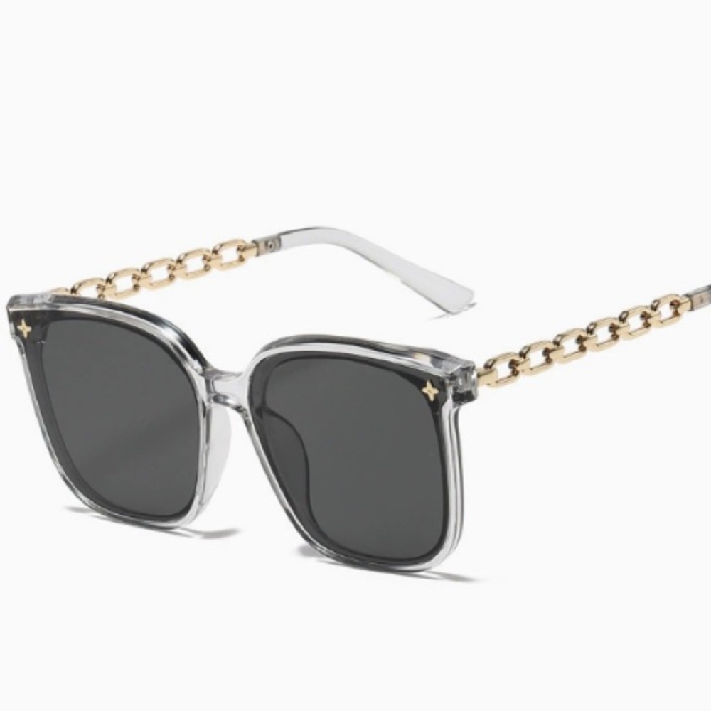 Transparent Frame Sunglasses with Gold Chain Temples - Gray Lenses
